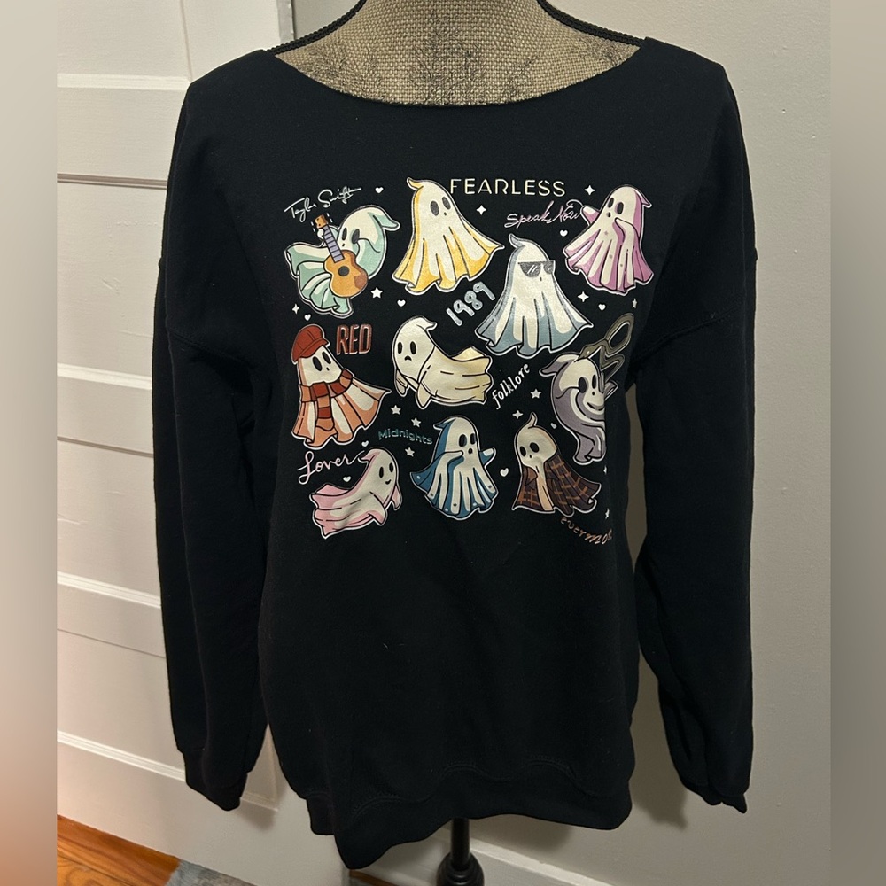 Taylor Swift Eras Ghosts Black Graphic Off Shoulder Sweatshirt w/ Cut Off Collar
